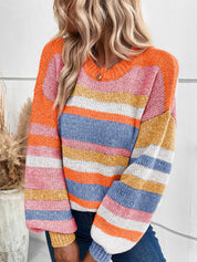 Multicolor Striped Round Neck Long Sleeve Knit Sweater