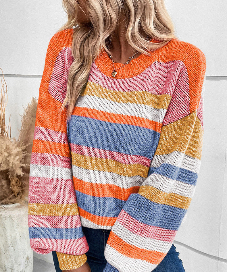 Multicolor Striped Round Neck Long Sleeve Knit Sweater