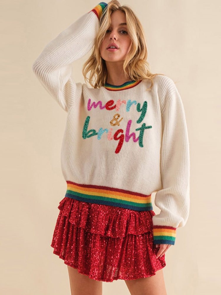 Women's Colorful Sequin Patch Merry And Bright Knit Sweater