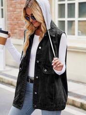 Women's Drawstring Sleeveless Hooded Denim Vest