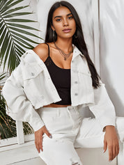 Distressed Raw Hem Collared Neck Cropped Denim Jacket