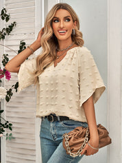 Retro Split V Neck Swiss Dot Half Sleeve Blouse