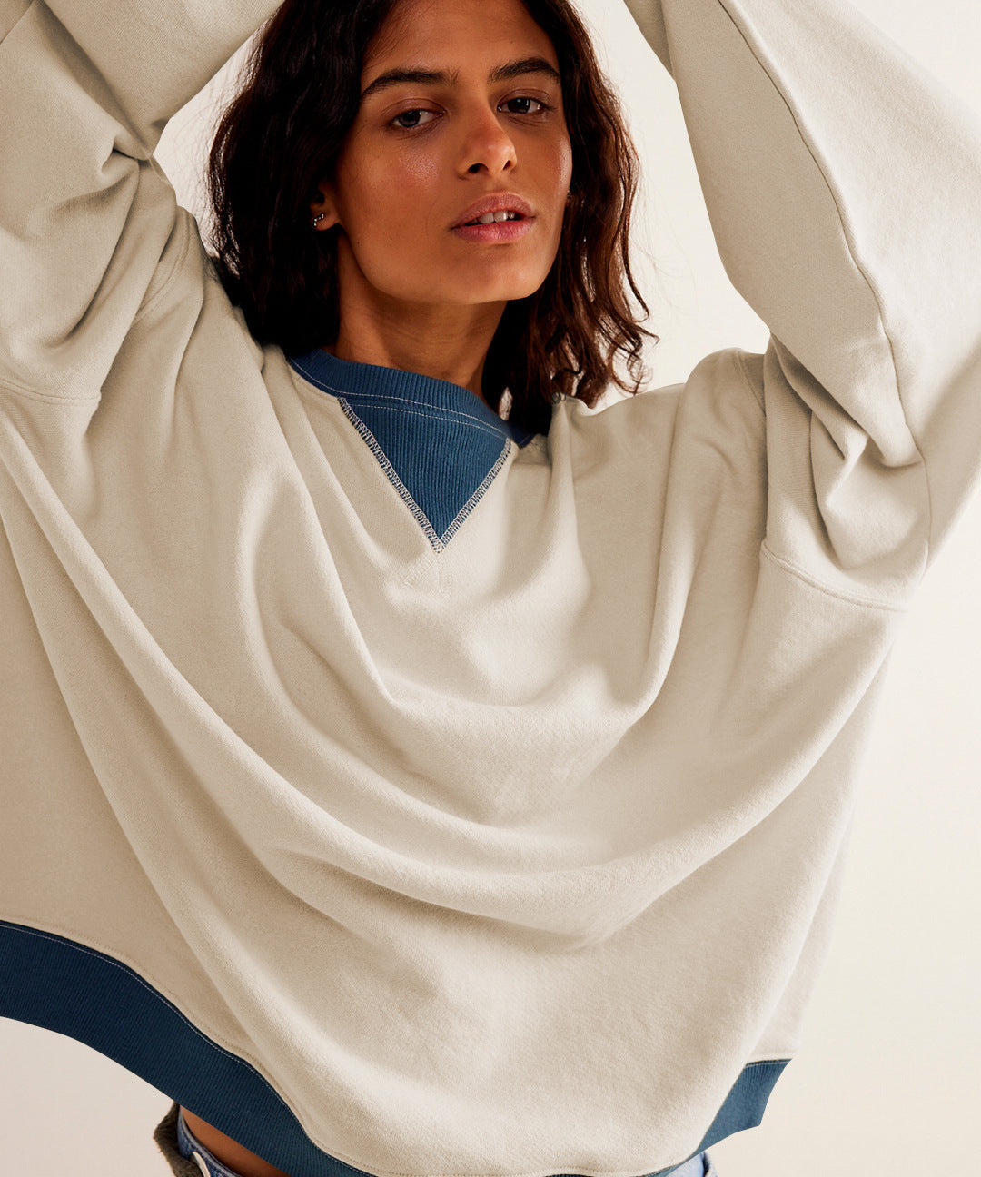 Oversized Crew Colorblock Layered Long Sleeve Sweatshirt