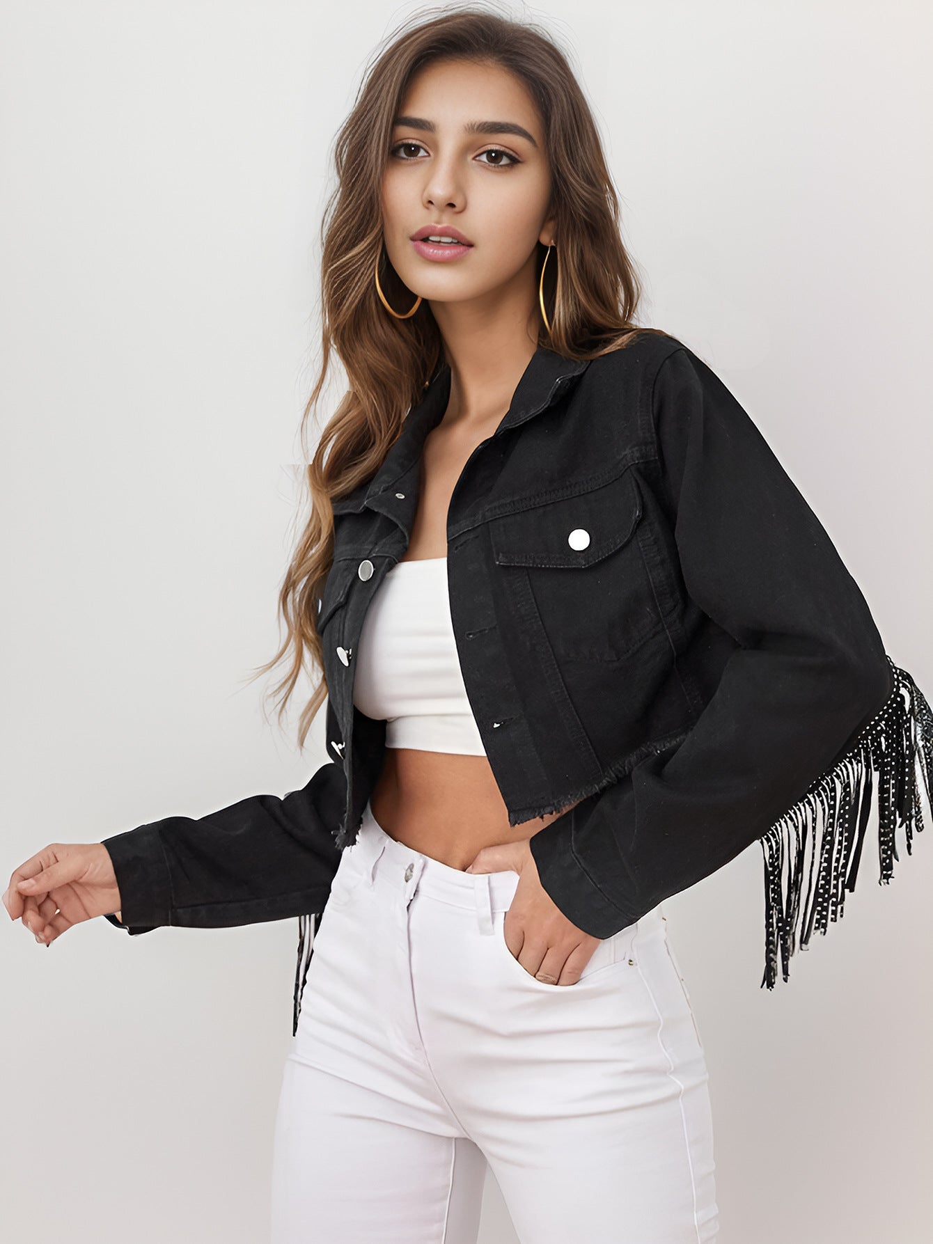 Women's Black Tassel Fringe Slim Fit Cropped Denim Jacket