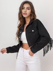 Women's Black Tassel Fringe Slim Fit Cropped Denim Jacket