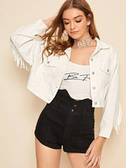 Women's Cowgirl Collared Cropped Denim Fringe Jacket