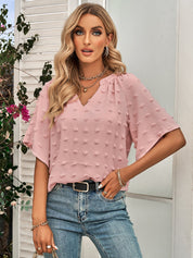 Retro Split V Neck Swiss Dot Half Sleeve Blouse
