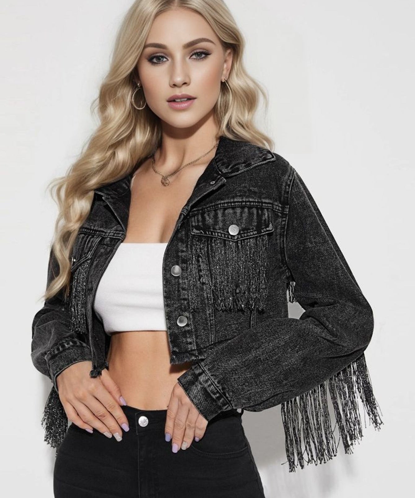 Distressed Ripped Tassel Fringe Hem Cropped Bike Jacket