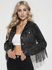 Distressed Ripped Tassel Fringe Hem Cropped Bike Jacket