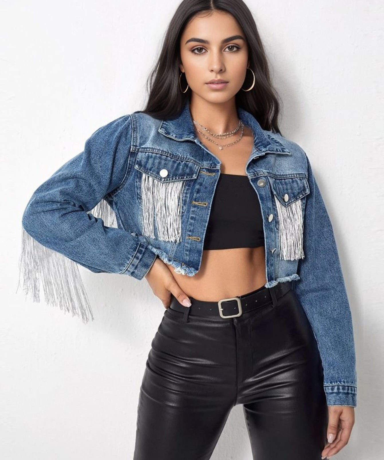 Distressed Ripped Tassel Fringe Hem Cropped Bike Jacket