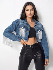 Distressed Ripped Tassel Fringe Hem Cropped Bike Jacket