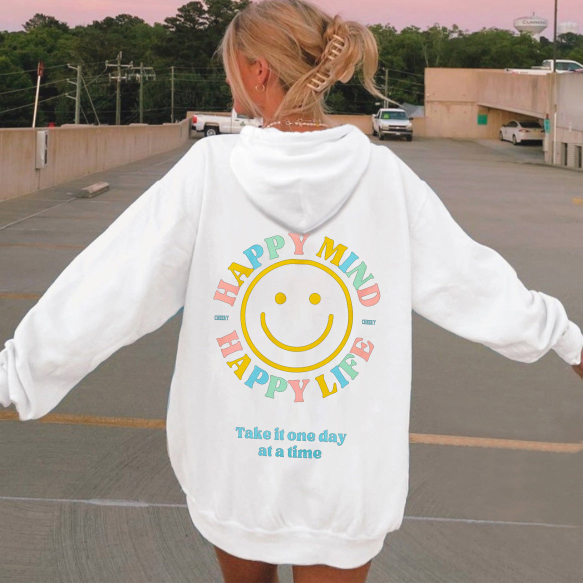 Happy Mind Happy Life Smilely Face Printed Oversized  Aesthetic Hoodie