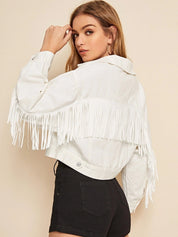 Women's Cowgirl Collared Cropped Denim Fringe Jacket