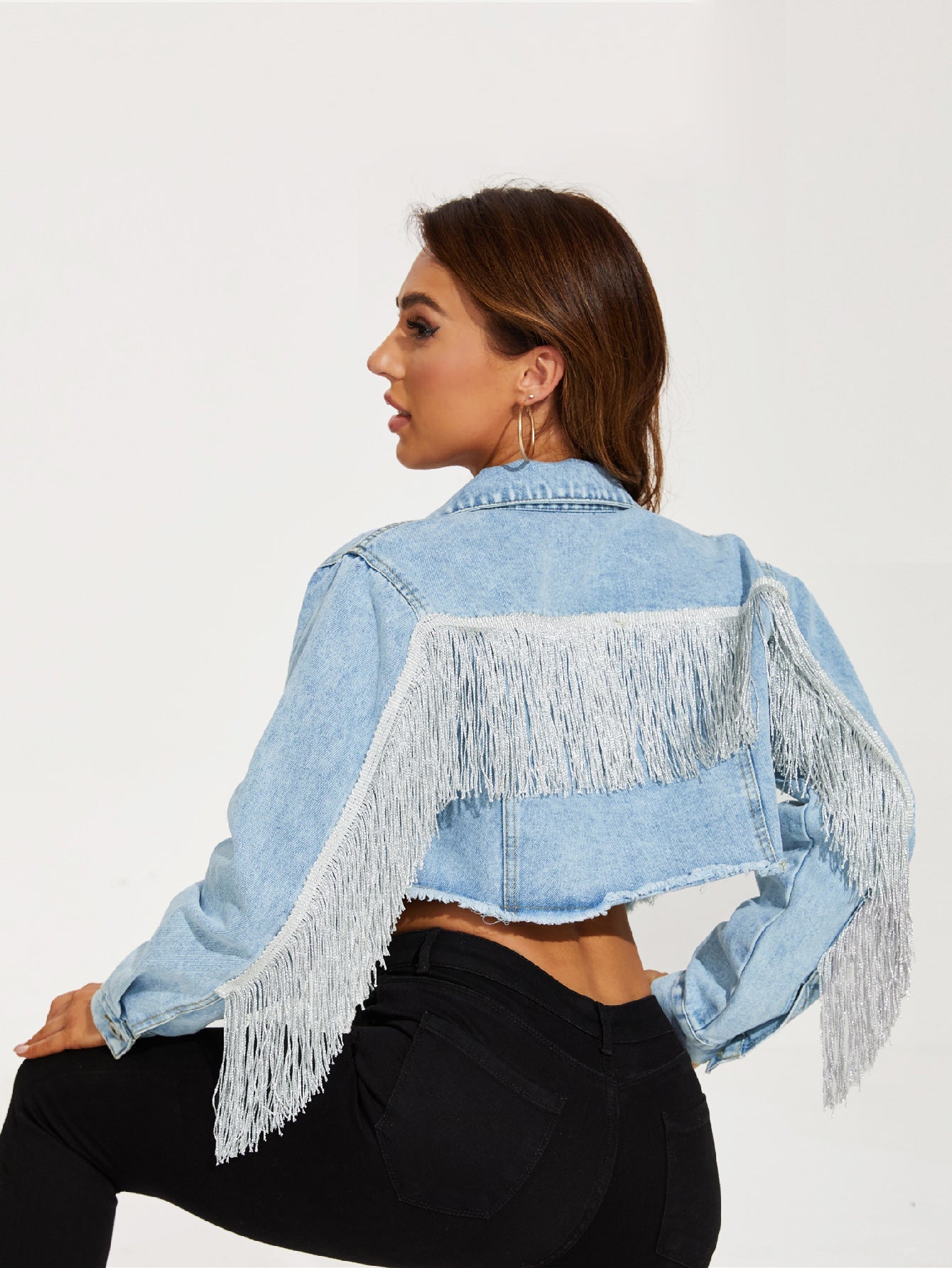 Distressed Ripped Tassel Fringe Hem Cropped Bike Jacket