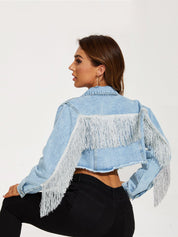 Distressed Ripped Tassel Fringe Hem Cropped Bike Jacket