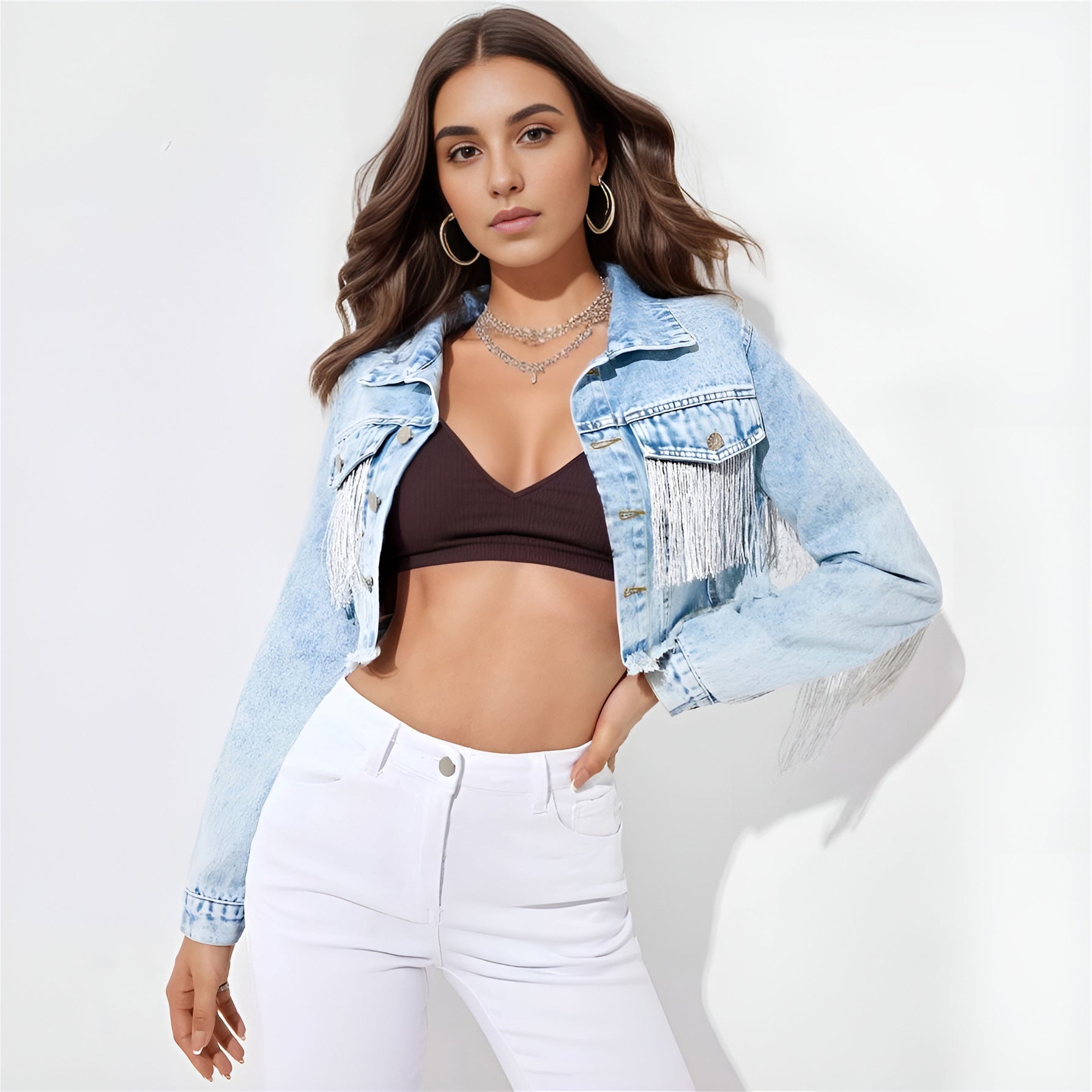 Distressed Ripped Tassel Fringe Hem Cropped Bike Jacket