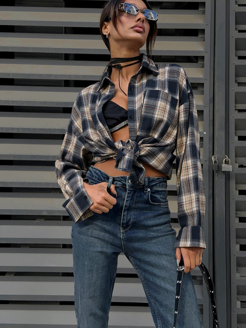 Women's Vintage Blue Plaid Button-Up Lapel Shirt