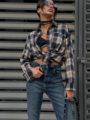 Women's Vintage Blue Plaid Button-Up Lapel Shirt