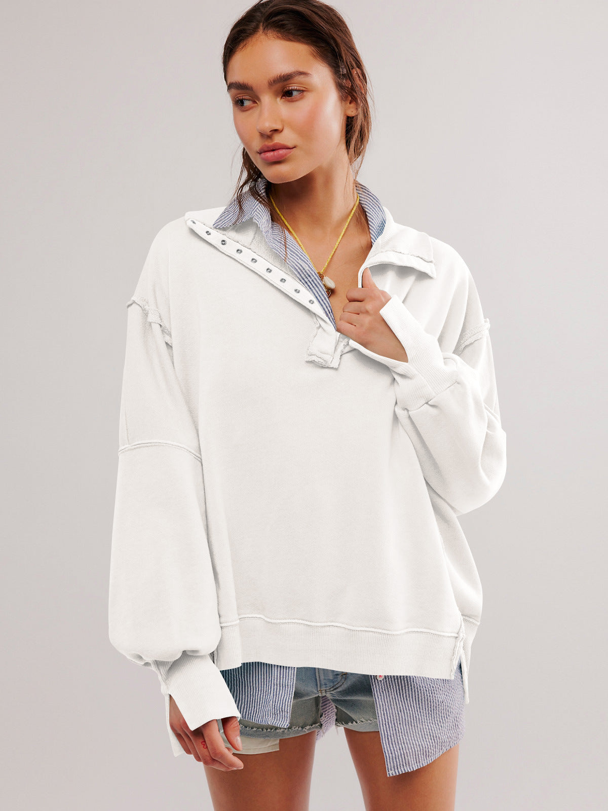 Retro Sweatshirt mit langen Ärmeln und Knopfleiste