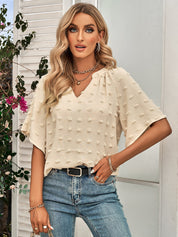 Retro Split V Neck Swiss Dot Half Sleeve Blouse
