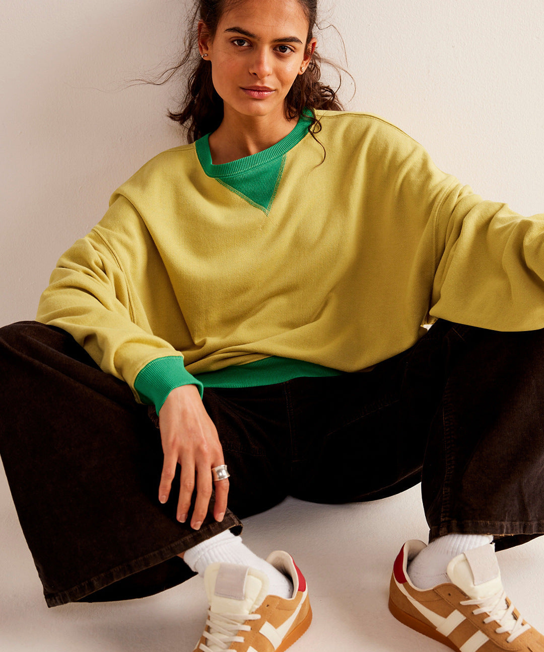 Oversized Crew Colorblock Layered Long Sleeve Sweatshirt