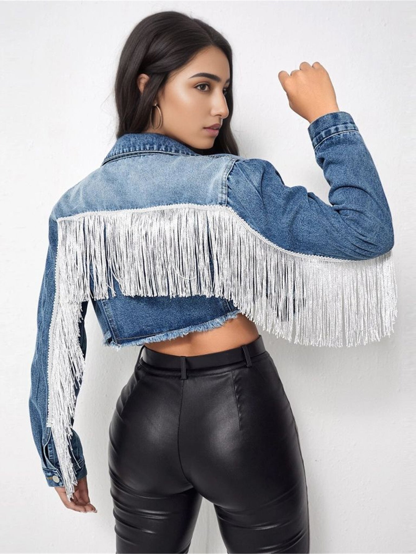 Distressed Ripped Tassel Fringe Hem Cropped Bike Jacket