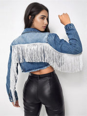 Distressed Ripped Tassel Fringe Hem Cropped Bike Jacket