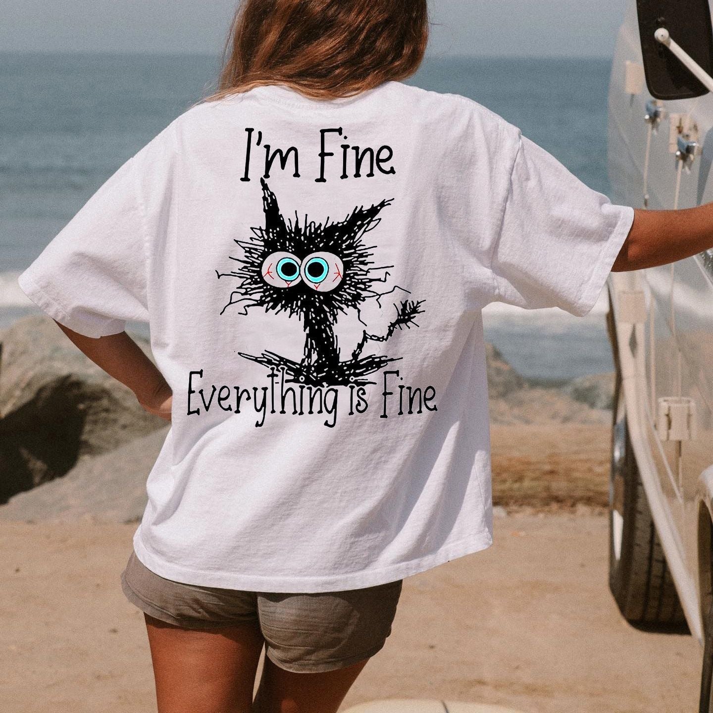 Ladies I'm Fine Everything Is Fine Cat Printed Oversized Tee