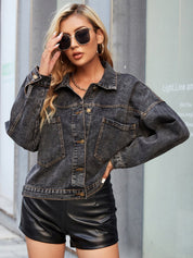 Retro Collared Neck Dropped Shoulder Denim Jacket