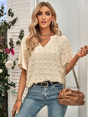 Retro Split V Neck Swiss Dot Half Sleeve Blouse