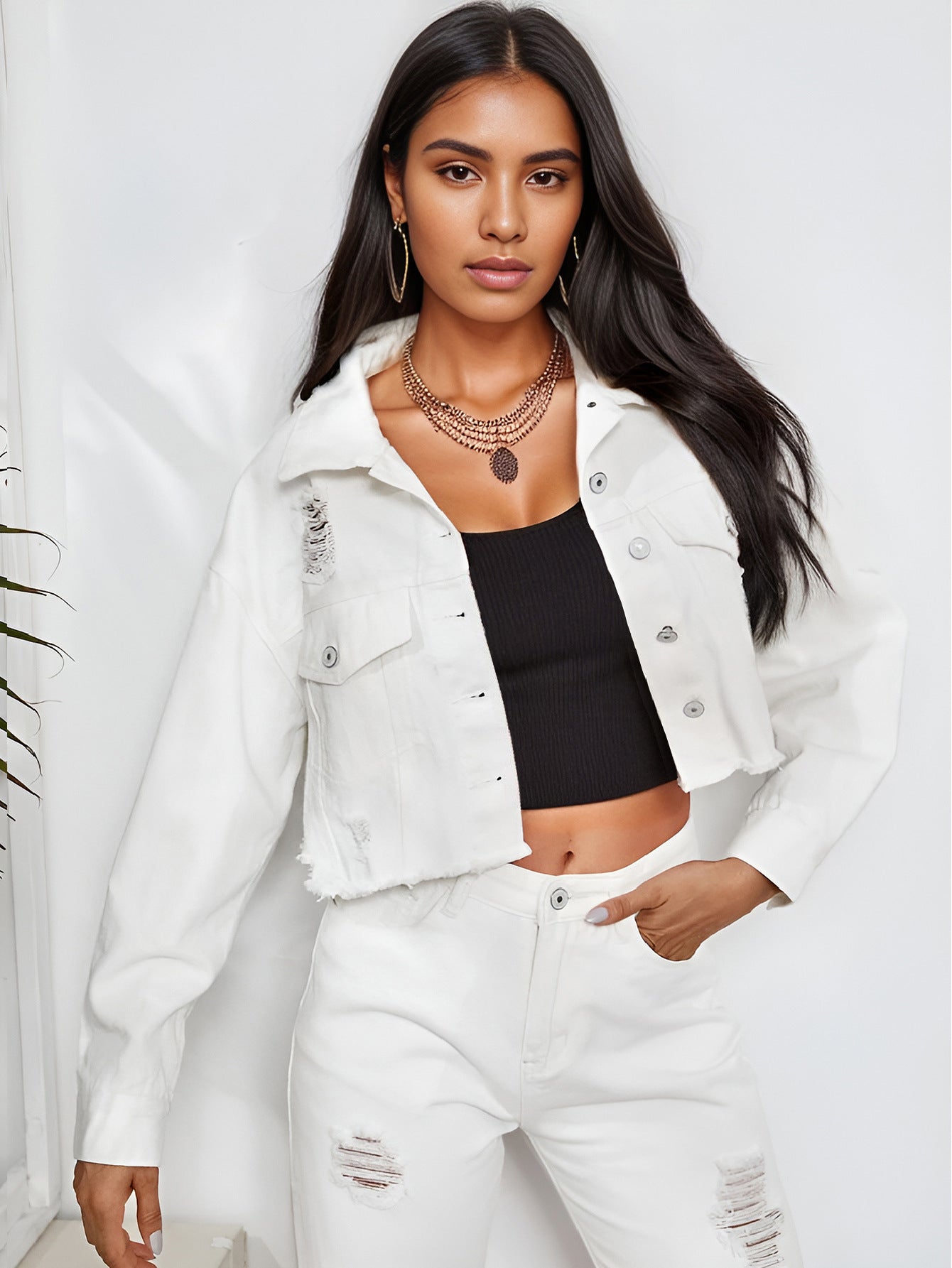 Distressed Raw Hem Collared Neck Cropped Denim Jacket