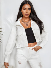 Distressed Raw Hem Collared Neck Cropped Denim Jacket