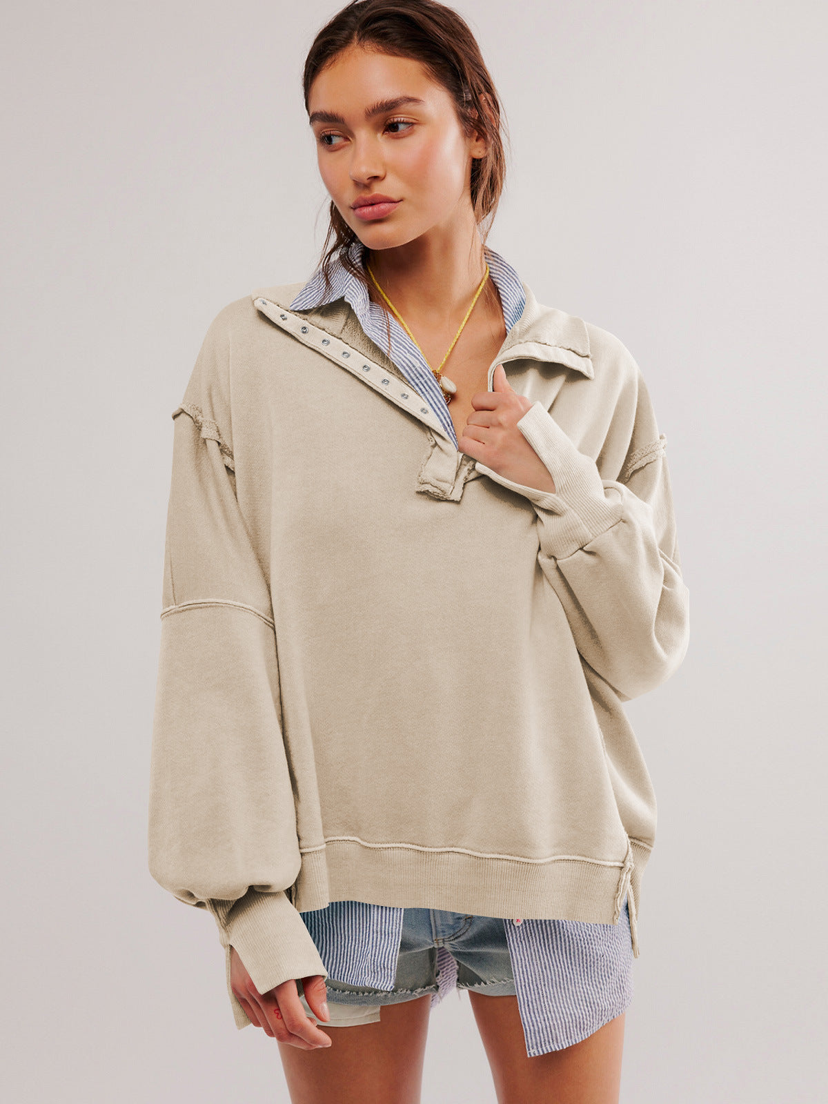 Retro Sweatshirt mit langen Ärmeln und Knopfleiste
