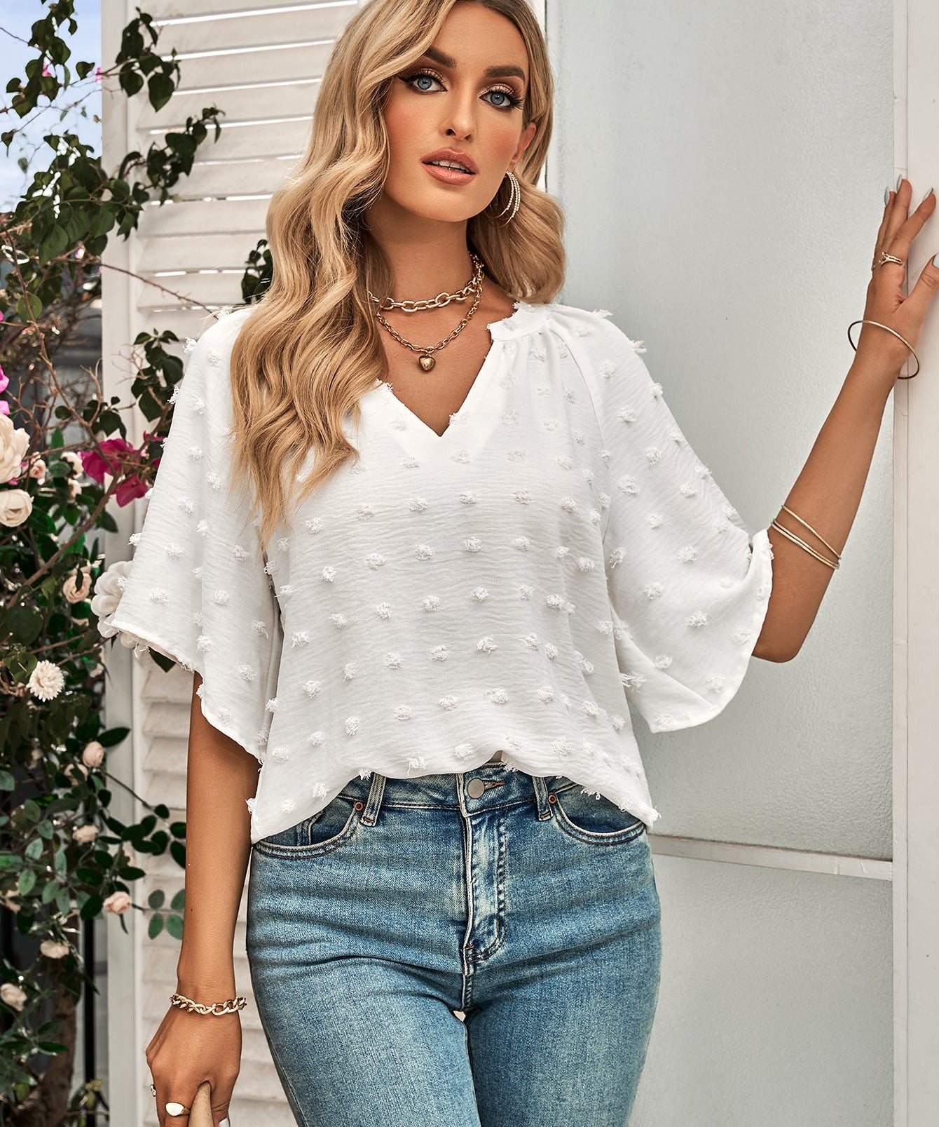 Retro Split V Neck Swiss Dot Half Sleeve Blouse