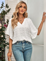 Retro Split V Neck Swiss Dot Half Sleeve Blouse