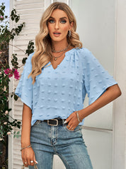 Retro Split V Neck Swiss Dot Half Sleeve Blouse