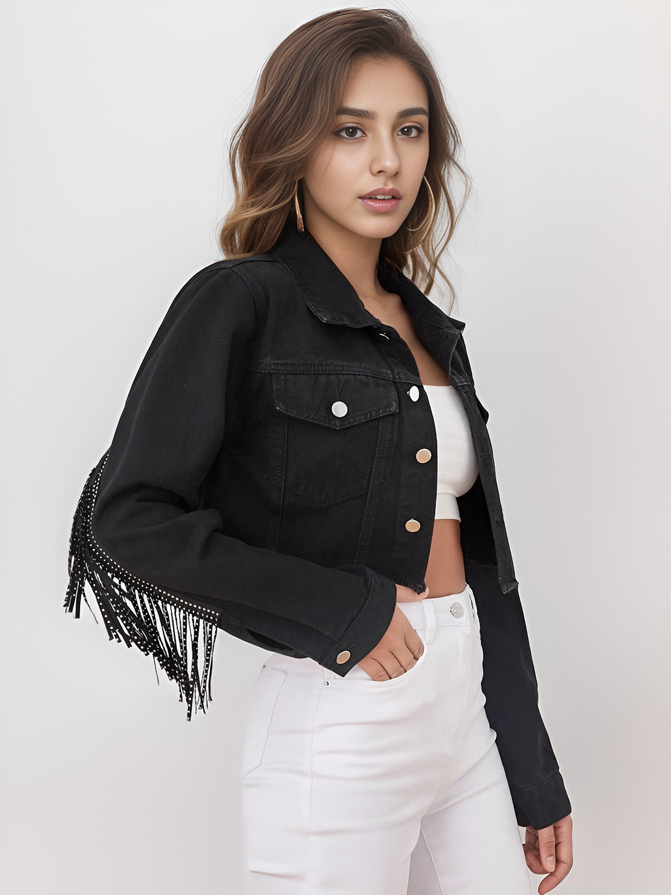 Women's Black Tassel Fringe Slim Fit Cropped Denim Jacket