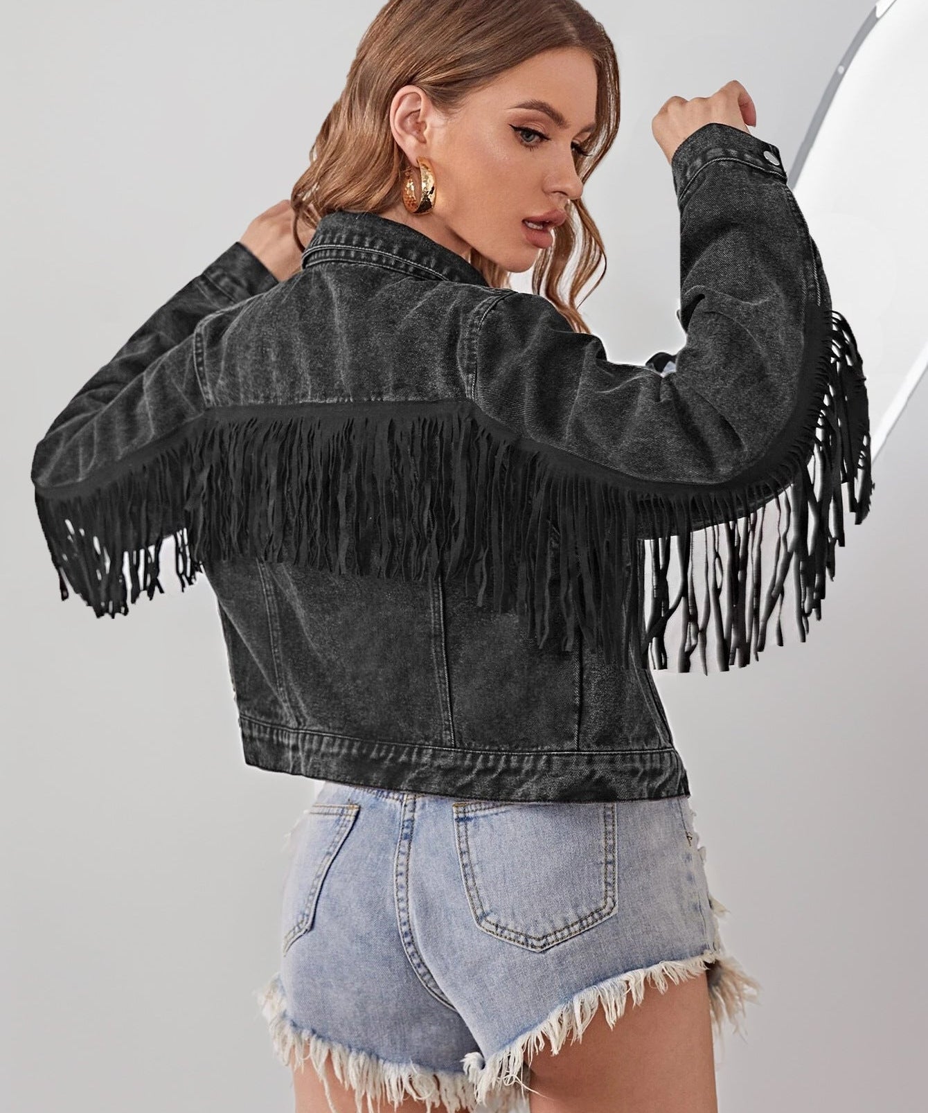 Women's Cropped Tassel Fringe Denim Jacket