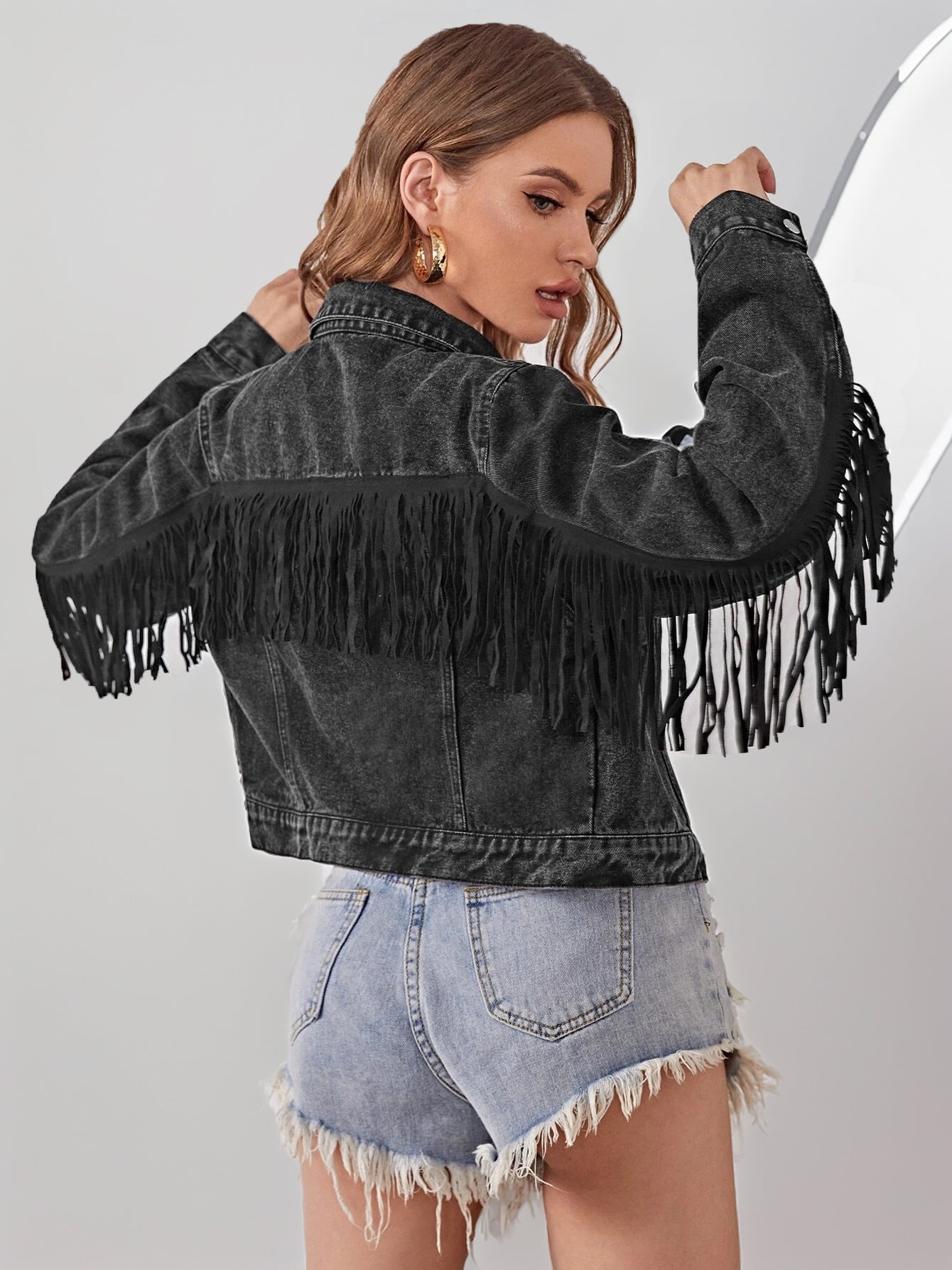 Women's Cropped Tassel Fringe Denim Jacket