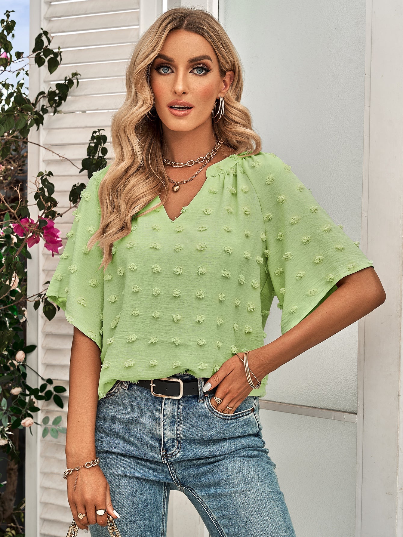 Retro Split V Neck Swiss Dot Half Sleeve Blouse
