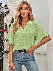 Retro Split V Neck Swiss Dot Half Sleeve Blouse