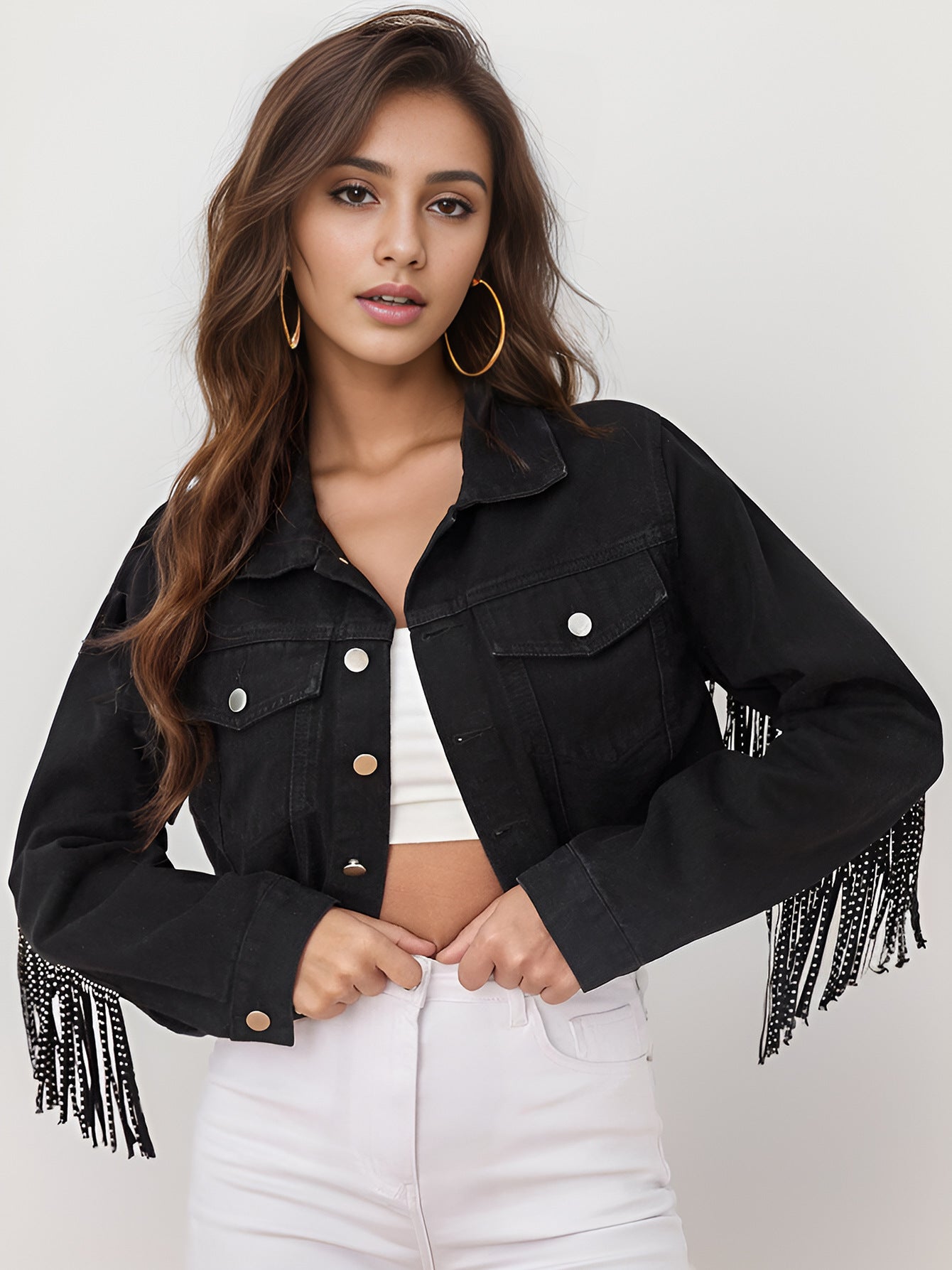 Women's Black Tassel Fringe Slim Fit Cropped Denim Jacket