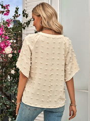 Retro Split V Neck Swiss Dot Half Sleeve Blouse