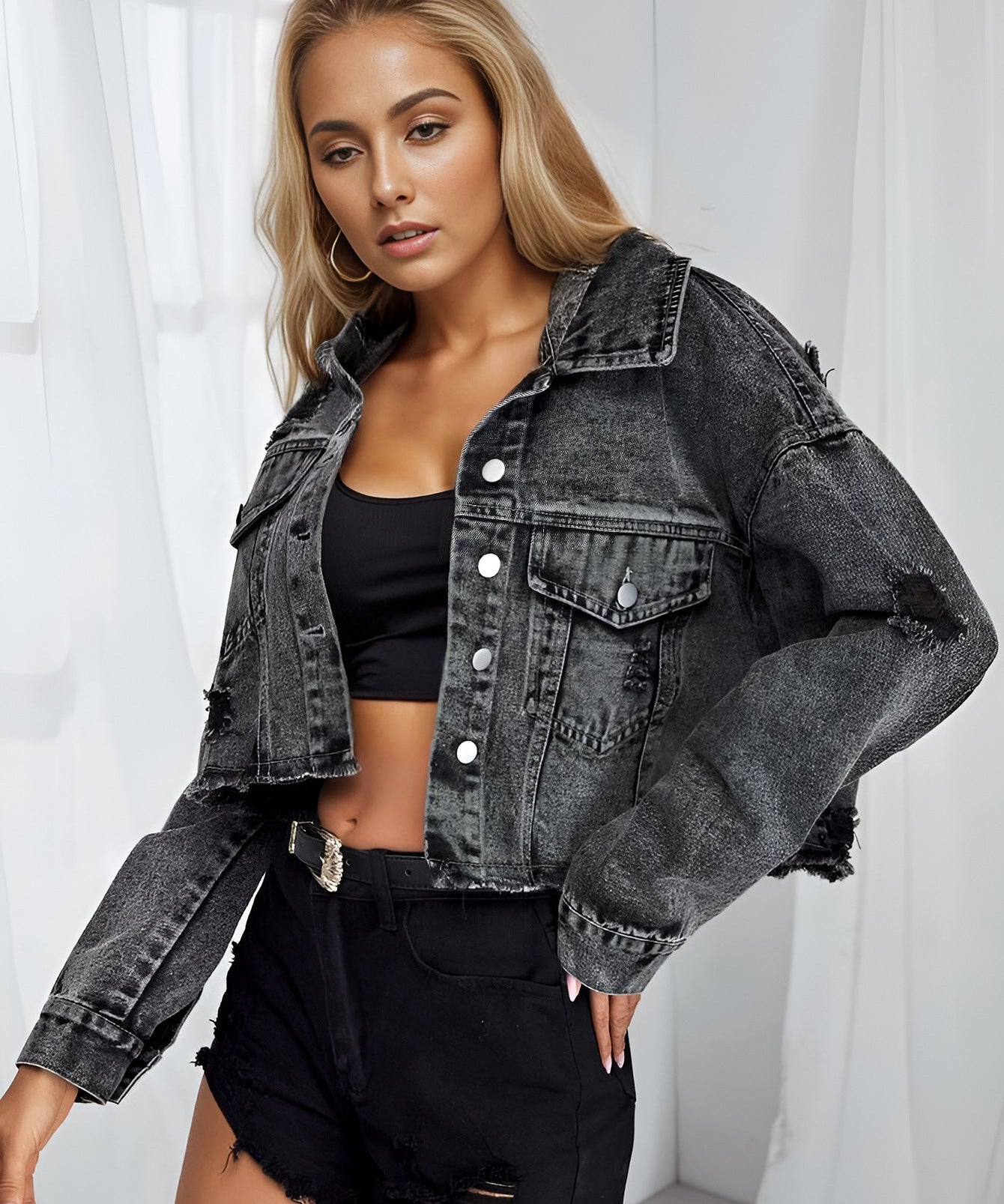 Distressed Raw Hem Collared Neck Cropped Denim Jacket