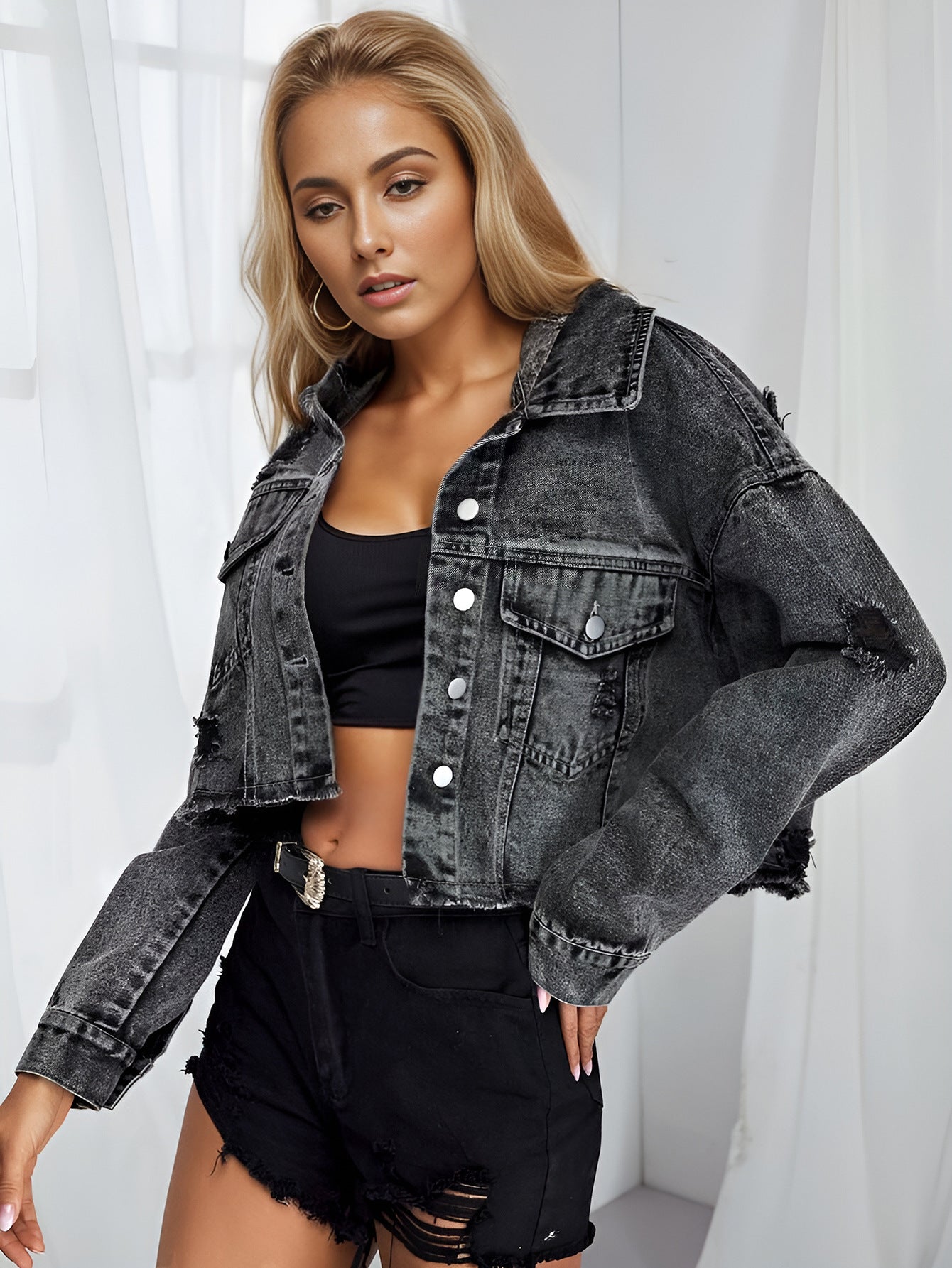 Distressed Raw Hem Collared Neck Cropped Denim Jacket