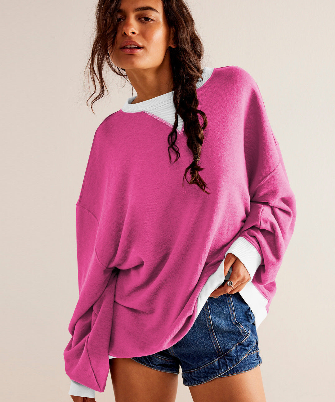 Oversized Crew Colorblock Layered Long Sleeve Sweatshirt