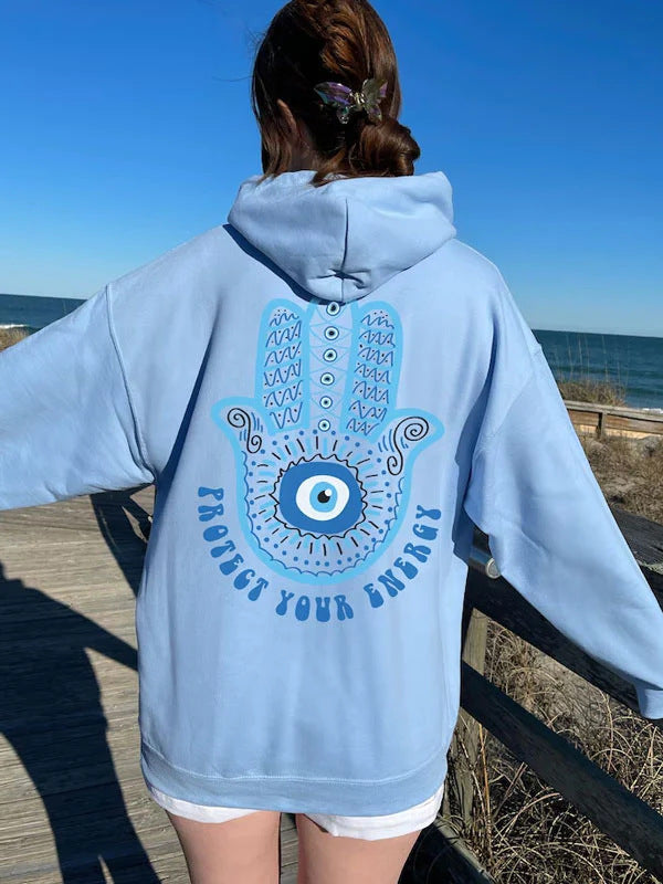 Women's Aesthetic Protect Your Energy Hamsa Hand Evil Eye Hoodie