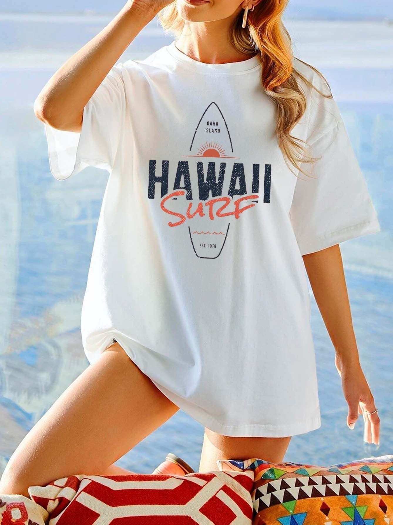 Ladies Hawii Surf Printed Oversized Short Sleeve Tee