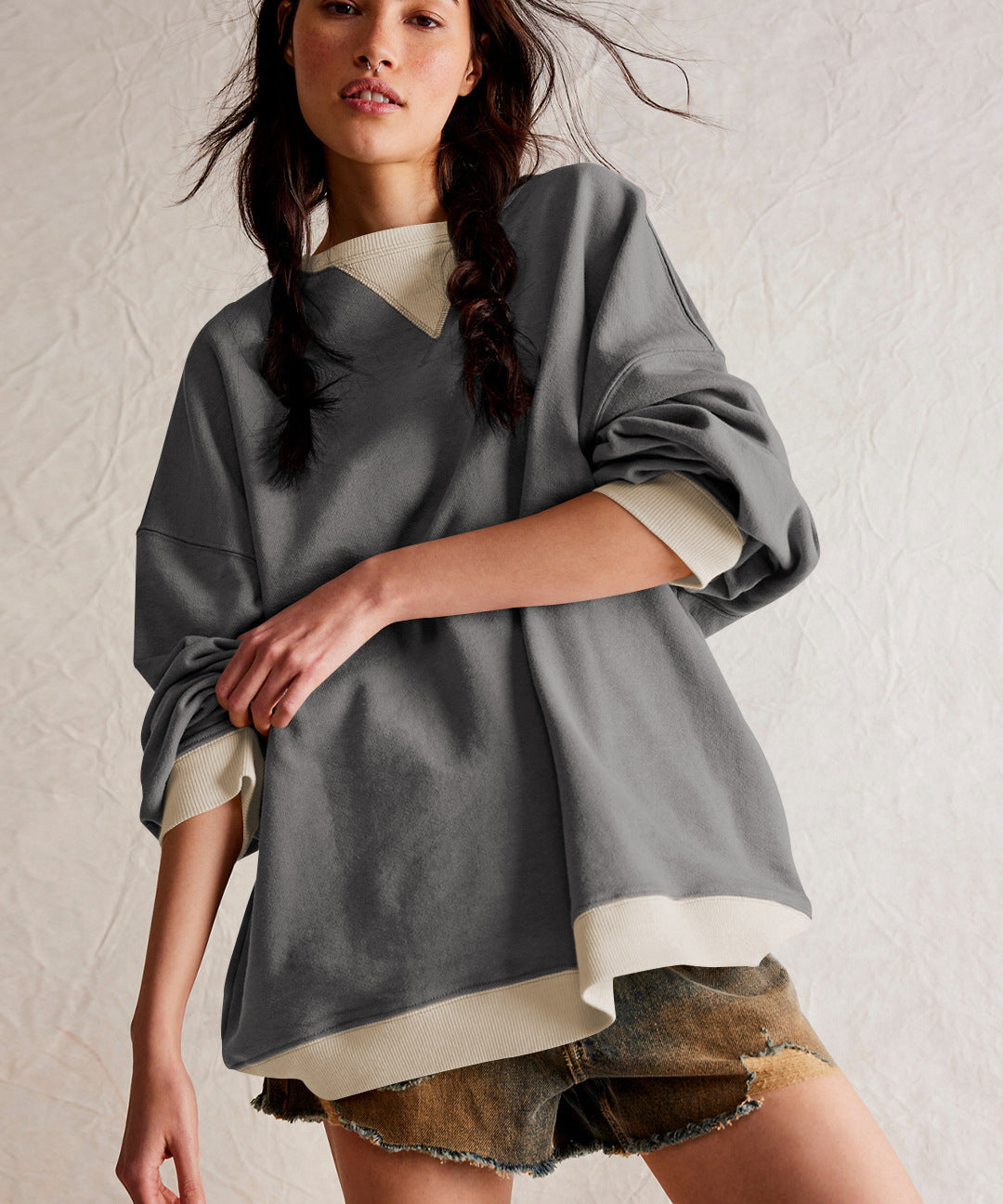 Oversized Crew Colorblock Layered Long Sleeve Sweatshirt