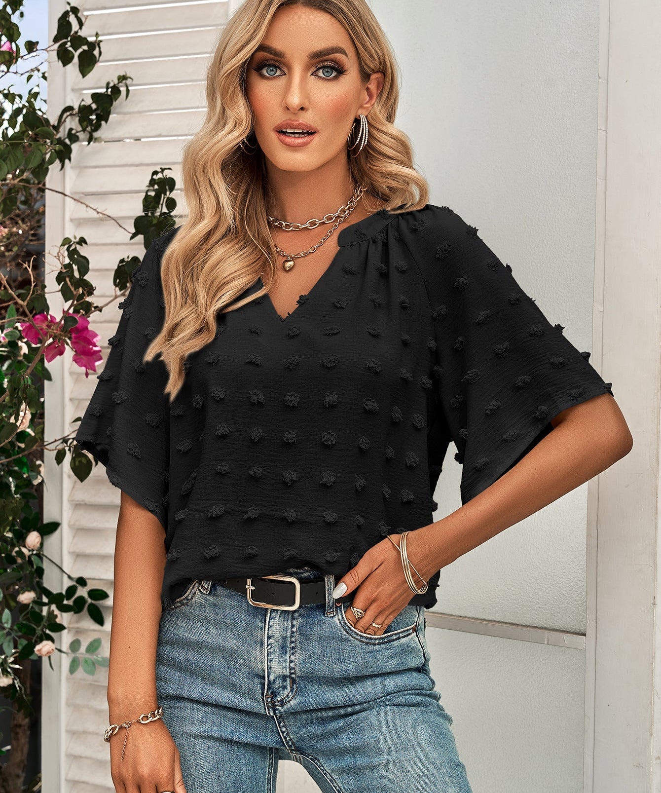 Retro Split V Neck Swiss Dot Half Sleeve Blouse